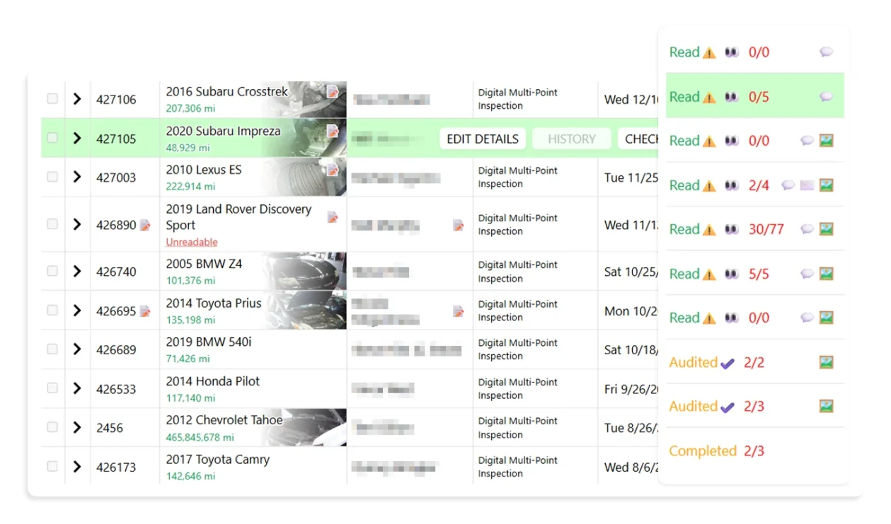 Website slider graphic showing the ability to see the status of all inspections in the shop